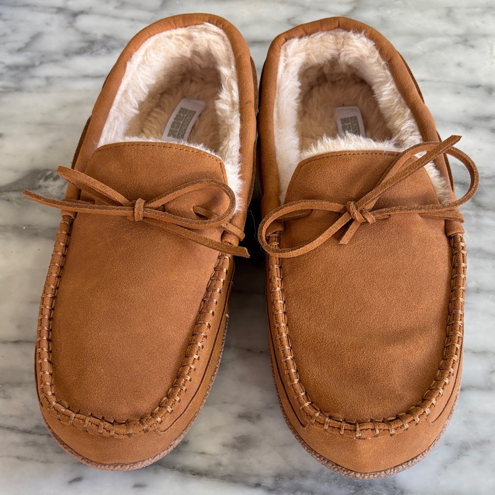 New Nordstrom Men's Suede faux fur Moccasin Slippers in Chestnut Brown